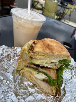 Iced Chai and Chicken, Brie, fig, and lettuce sandwich.