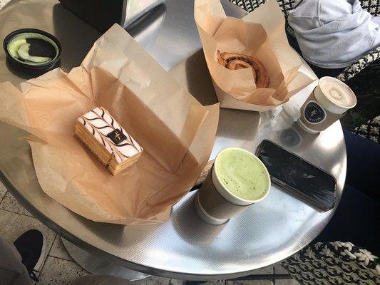 Napoleon, Raisin Danish with Matcha Latte and Mochaccino