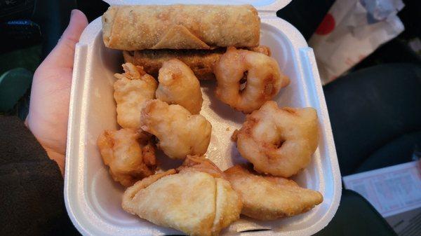 Appetizer sampler (two egg rolls, two fried shrimp, two crab rangoon, and four pieces of sweet and sour chicken)