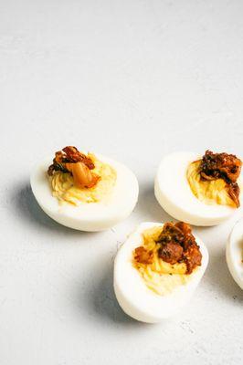 Deviled eggs with Bacon and Kimchi Jam