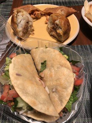 Chicken Taco, Pork Taco, Empanada and potato and beef