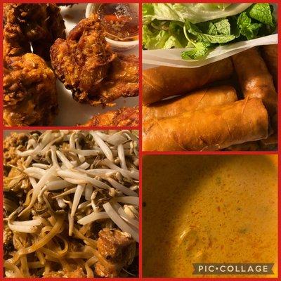 Spicy fried chicken, spring rolls, yellow curry and pad Thai noodles with beef.