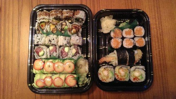 Left Container (Order of Top to Bottom):Unagi Maki, Tuna and Avocado Maki, and Celtics Maki Right Container:Sake Maki and Crazy Maki