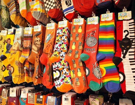 Rows of fun and colorful socks at Cute But Crazy's sock shop in Bellingham, Washington.