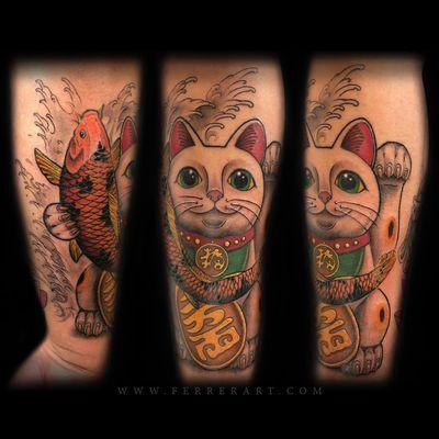 Lucky cat and koi fish Japanese tattoo