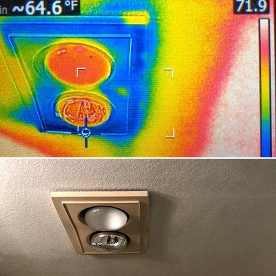 Thermal image of a wet ceiling around the light fixture from a roof leak.