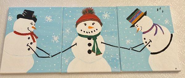 Snowman family! Family canvas painting class.