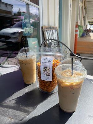 Lavender/caramel iced latte + brown sugar cinnamon iced latte (both large size) + spicy Cajun corn nuts