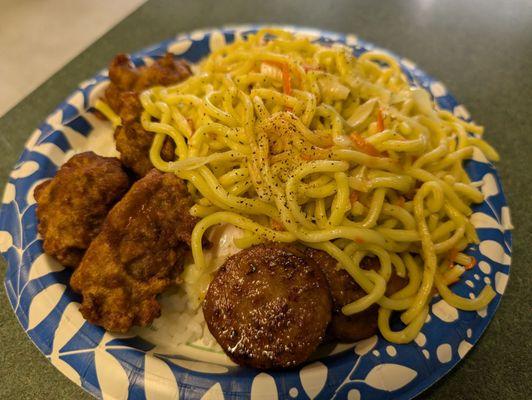 Shock & Awe breakfast (meat, eggs, rice) plus mochiko chicken & fried noodles