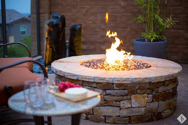 Outdoor fire pit and custom water feature