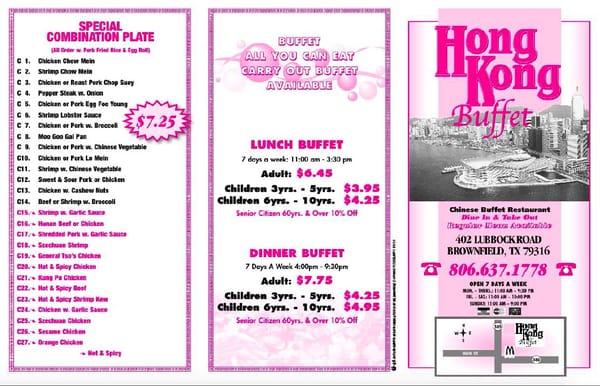 402 Lubbock Rd Brownfield,Texas 79316       Hong Kong Buffet Menu  Open From Mon-Sun 11am - 9:30  Cell: 806-637-1778  We do Delivery!!