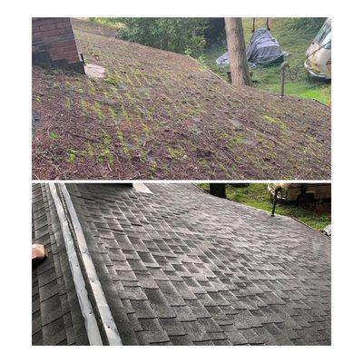 Before and After photos of Roof cleaning at its finest. We are licensed, bonded, insured and trusted!