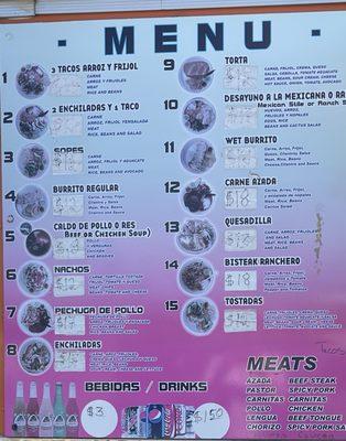 Menu. The prices have worn off. Street tacos were $3.50 and had enough filling for 3!! The pastor and chicken were good!