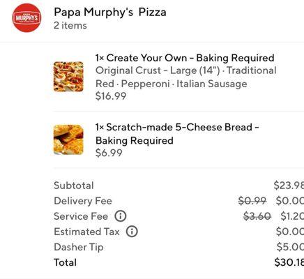 First time ordering from Papa Murphy's and of course they forgot the Italian sausage not a good way to keep customers.