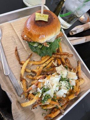 Buttermilk fried Chicken Sando!!! Delicious! Side of green chili queso fries...so good!