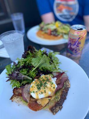 Bacon Avocado and Poached Egg on French Levain, w/ hollandaise.