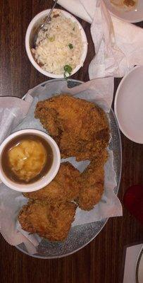 Fried chickens mashed potatoes and gravy, red beans and rice