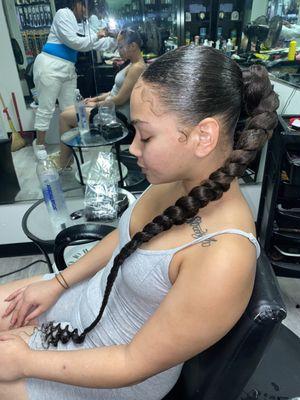 low braided ponytail w/ extensions