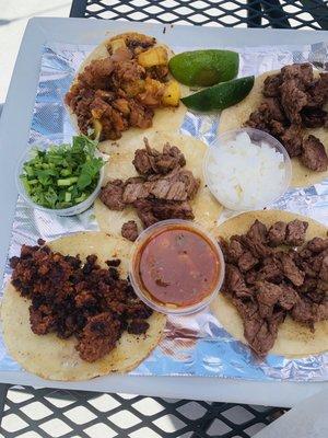 5 mini tacos. Steak, Al Pastor, and Chorizo