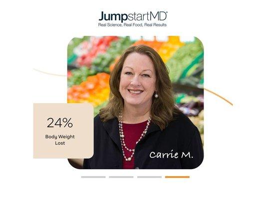 Carrie lost 24% of her body weight with the JumpstartMD weight loss program. You can too - contact us today to get started!