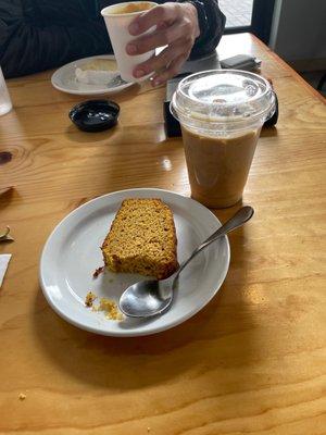 Gf pumpkin bread and oat milk latte