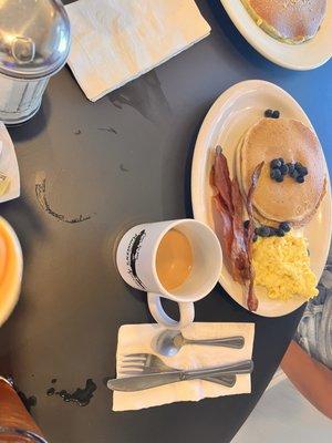 Blueberry Pancakes, Bacon, Two Eggs Any Style coffee