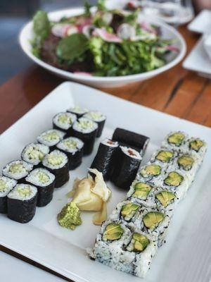 Avocado roll, cucumber maki, pear salad.