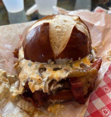 Beer Chz Bacon Pretzel Burger