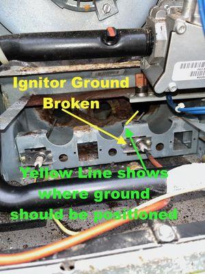 Broken ground rod on flame sensor / ignitor assembly