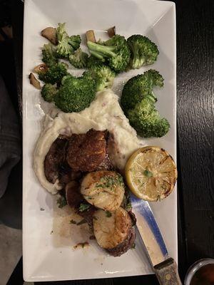 Surf and Turf with scallops and mashed potatoes