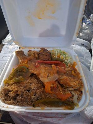 Brown stewed fish, rice and peas, steamed cabbage, fried plantains.