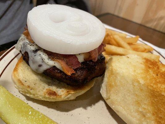 Mushroom Swiss Burger with bacon and onion