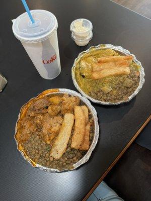 (left) coconut rice, pork and potatoes, lentil beans , yuca fries (right) same but with chicken curry