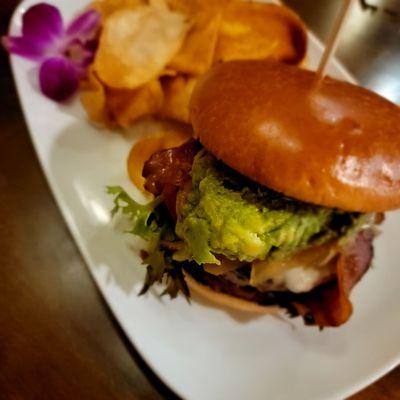 Guacamole Bacon Grilled Onion Burger ...and kettle chips