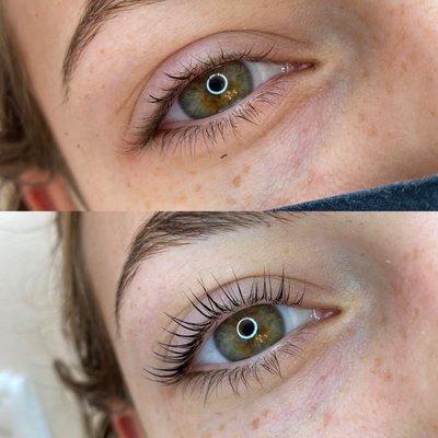 Before and after lash lift and tint done by Desirae! Obsessed