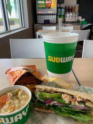 6" Rotisserie Chicken Flatbread Sandwich with chips & soup.