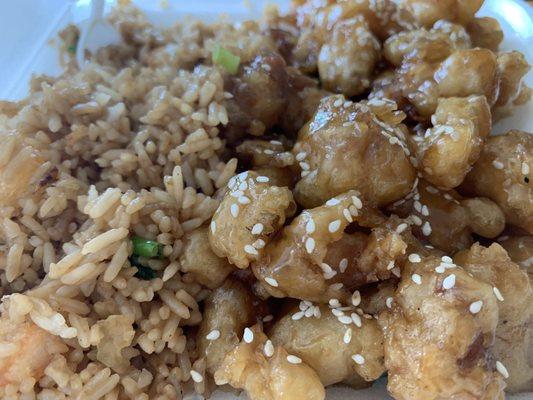 Sesame chicken and shrimp fried rice