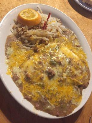 Huevos rancheros with hash and green chile