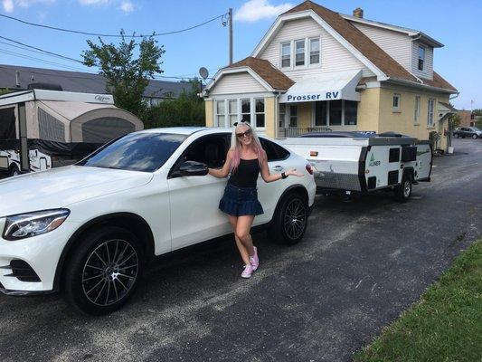 Carla (Hammy) with here new Benz pulling an Aliner Classic hard-sided folding trailer. Nice combination all around.