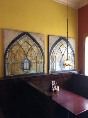 Stain glass windows inside Jeb's