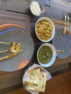 Basmati rice, lamb biryani, palak paneer, garlic naan