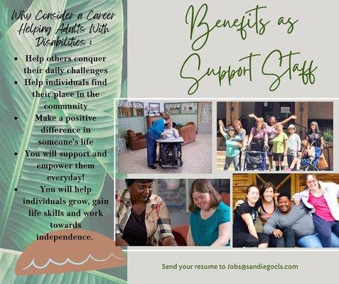 Heart is all you need when working with an individual with a disability.

Become a Support Staff at San Diego Community Living Services.