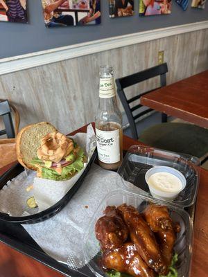 Burger, 6 Bone in Wings, Ginger Beer