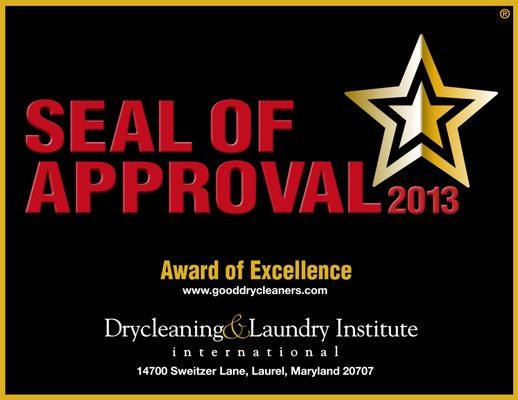 Award of Excellence 2013 for Customer Service and High Quality Dry Cleaning.