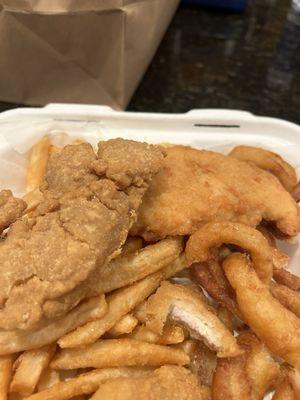 2 kinds of chicken fingers. No taste and soggy fries/overcooked onion rings.