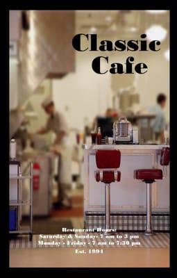 The front page of the Classic Cafe menu