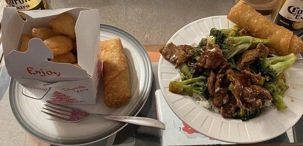 Sweet and Sour Chicken, Egg rolls, and Beef & Broccoli