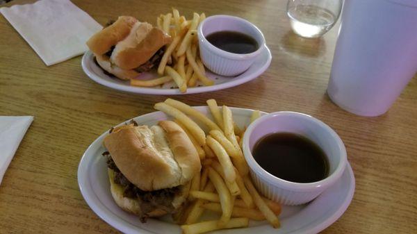 Sharing a French Dip sandwich