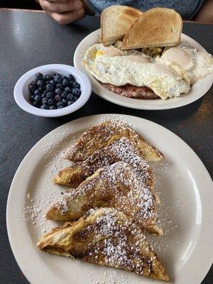 French toast and eggs with cornbeef hash, rye toast and home fries