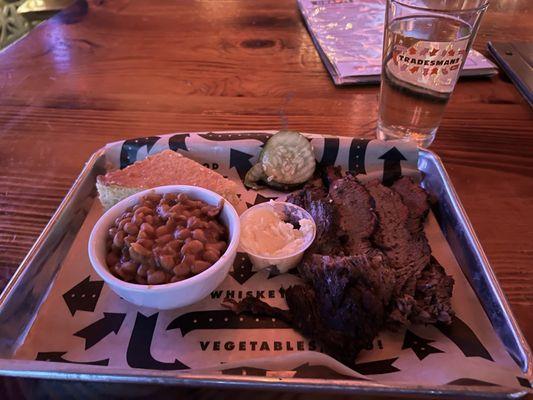 Brisket, corn bread, baked beans, and a local cider